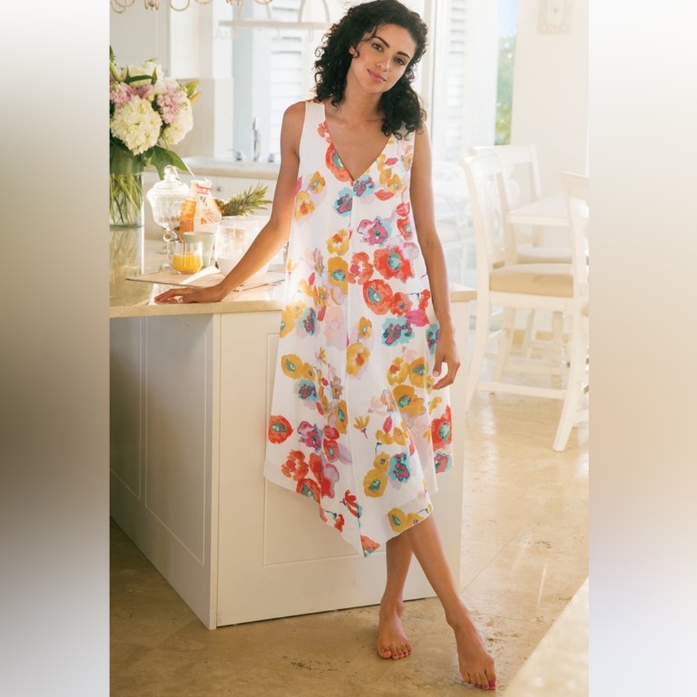 SOFT SURROUNDINGS Women’s Size XS White Floral Serenity Bay Asymmetrical‎ Dress